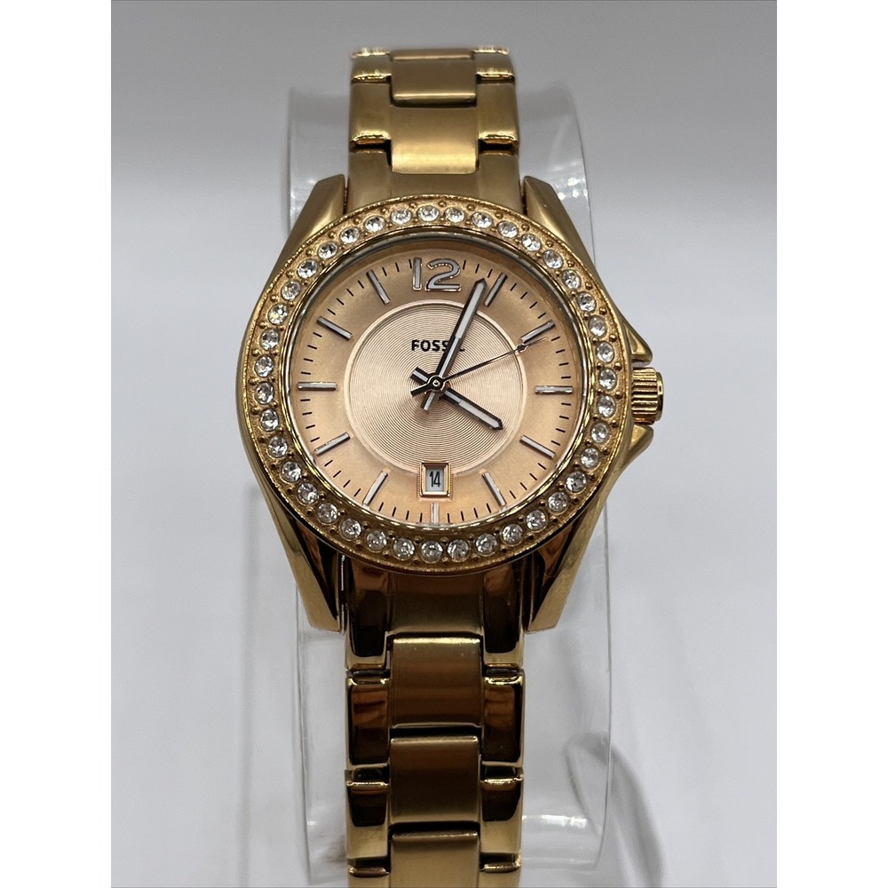 Fossil Riley Rose Gold Watch Stainless Steel Crystal Accent ES2889- New Battery